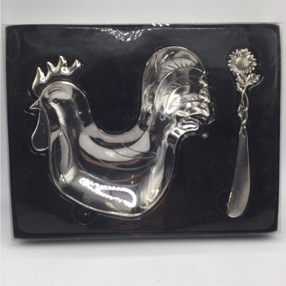 Vintage Silver Tone Metal Rooster/Chicken Dish with Daisy Spoon NEW in box